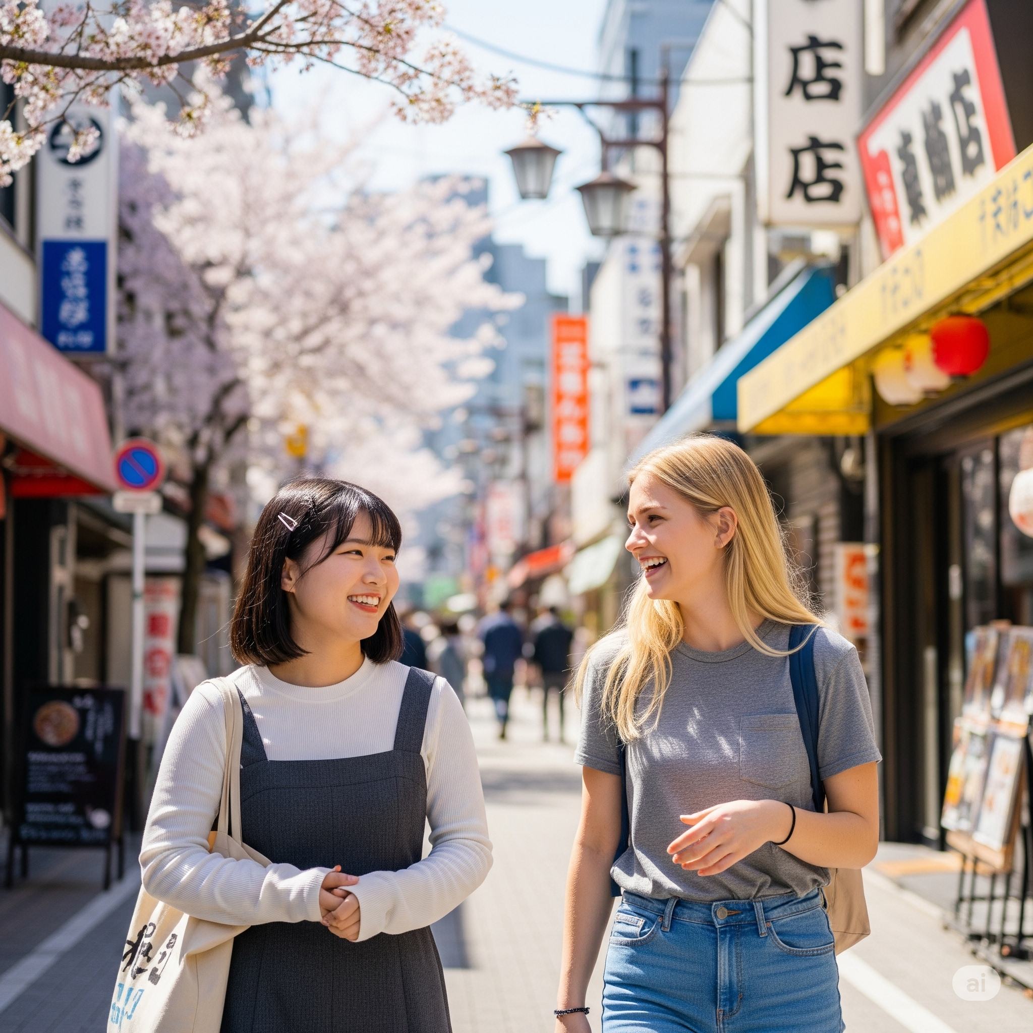日本人女性と外国人女性が桜の咲く日本の街並みで楽しそうに歩いている様子